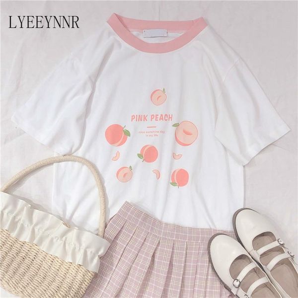 

cotton t shirts women peach pattern o neck short sleeve tshirts summer 2021 japan style casual sweet clothes camisetas femme women's t-, White
