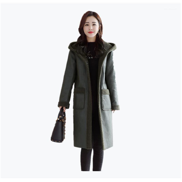 

black and green color women jacket long spring leather coat sleeve strap pocket female women's & faux