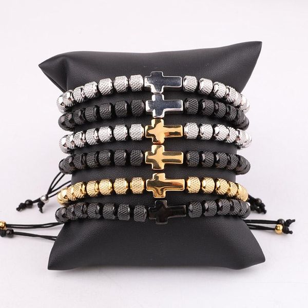 

beaded, strands design stainless steel beads cross charm friendship custom macrame adjustable bracelet for men, Black
