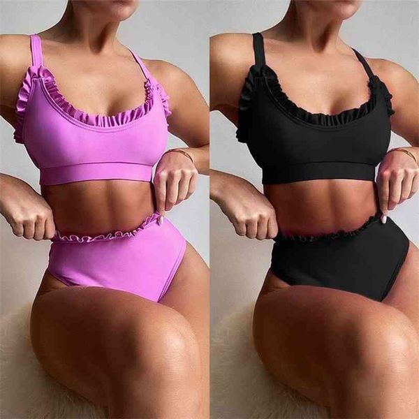 

high waist bikini push up women's swimsuit pure colour ruffle swimwear cut bathing suit beachwear 210728, White;black