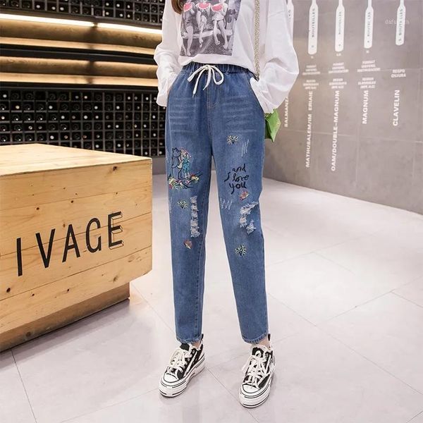 

women's jeans harajuku embroidered women blue casual baggy cropped trousers korean fashion high waist plus size lace up denim pants