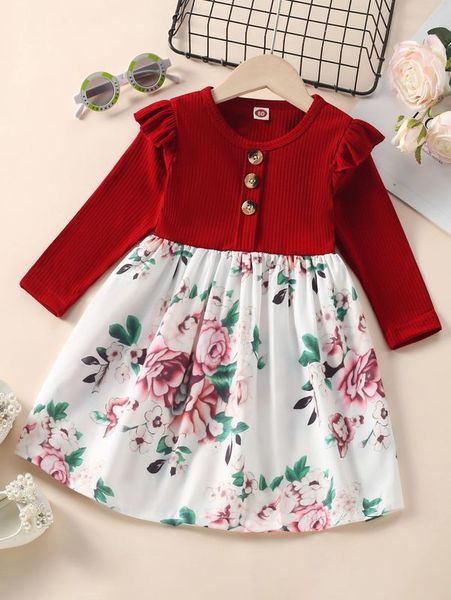 

baby floral ruffle trim flared dress she, Red;yellow