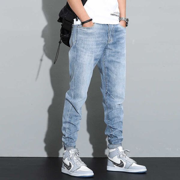 

men's jeans korean style fashion retro light blue slim fit elastic ripped for vintage designer casual denim harem pants 2c9g