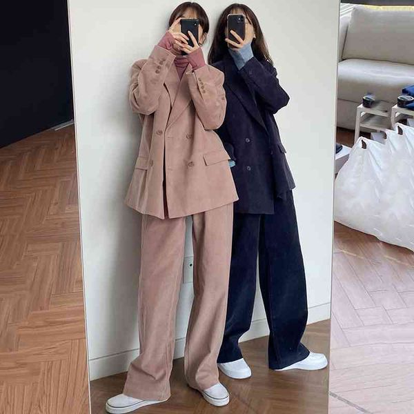 

sweater korean style minimalist two piece outfits sleeve corduroy blazer coat and high waist wide leg long pants office ladies suit qp77 2tz, White;black