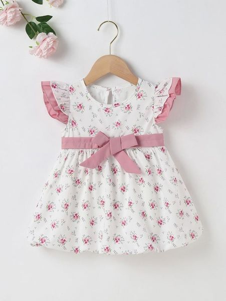 

baby floral print keyhole back knot front dress she, Red;yellow