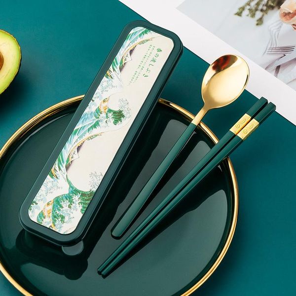 

chopsticks ink green gold portable spoon set to work children stainless steel