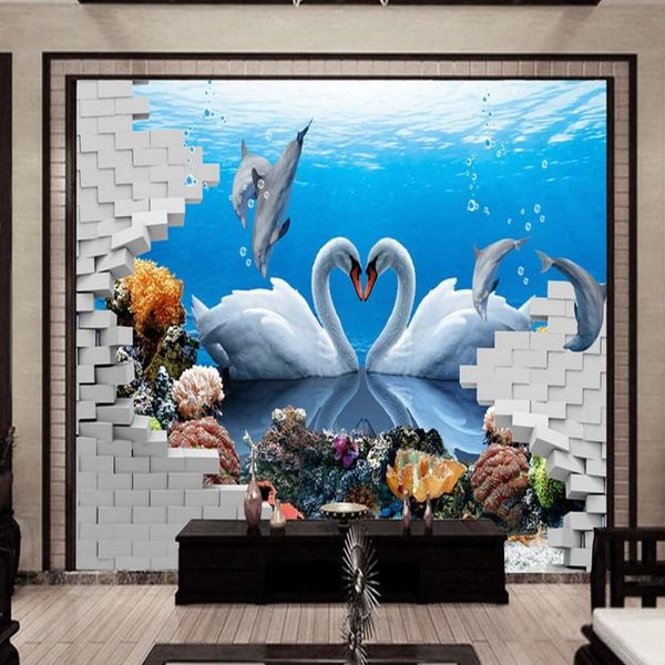

wallpapers dropship po wallpaper hd stereo 3d swan dolphin love tv wall living room mural custom lobby murals