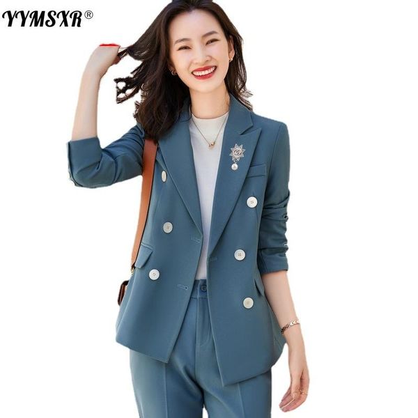 

women's two piece pants suit two-piece set 2021 autumn and winter slim double-breasted ladies jacket fashion trousers, White