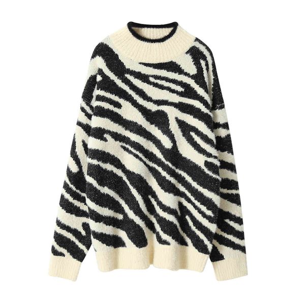 

tees 2021 Spring O-Neck Leopard Print Style Knitted Fashion Sweater Women Long Pullovers Pull Femme, White