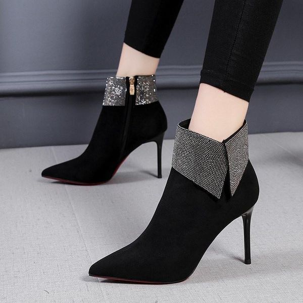 

boots 2021 autumn and winter style with fine pointed high heels fashion rhinestone women's stiletto short, Black