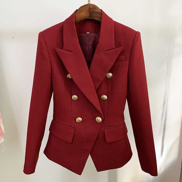 Vino Rosso Verde Ginger Blazer Donna Cotone Lino Oro Doppiopetto Bottone Blazer da donna da ufficio Giacche Completo di alta qualità X0721