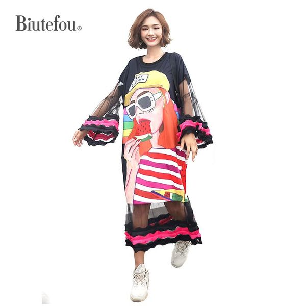 

casual dresses 2021 summer gauze puff sleeve women mesh long, Black;gray