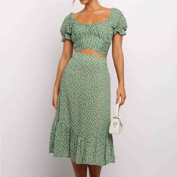 

vestidos vintage ruffles print puff sleeve summer beach sweet dresses casual square collar floral maxi long dress two piece 210514, Black;gray
