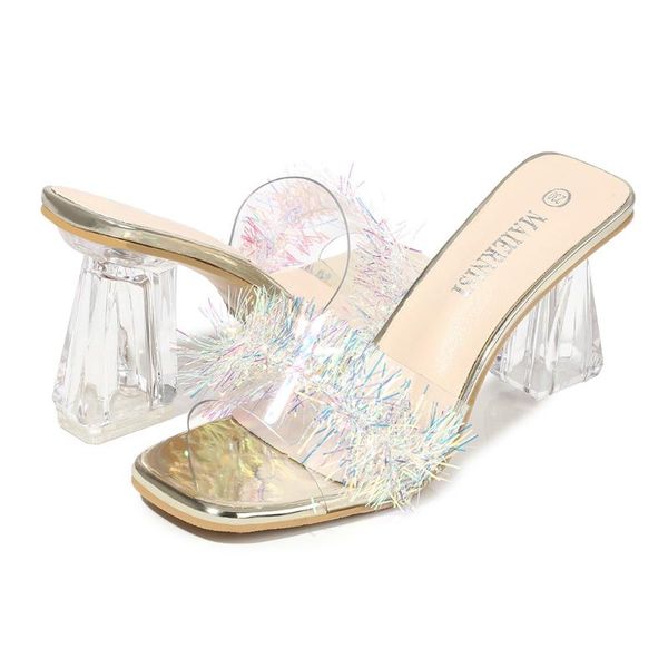 

summer slipper transparent heel high heels color thick women's sandals pvc surface monochrome slippers, Black