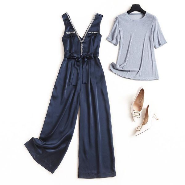 

women's tracksuits women rompers and jumpsuits 2021 summer designer sleeveless sashes vest satin overalls t shirts set two piece outfi, Gray