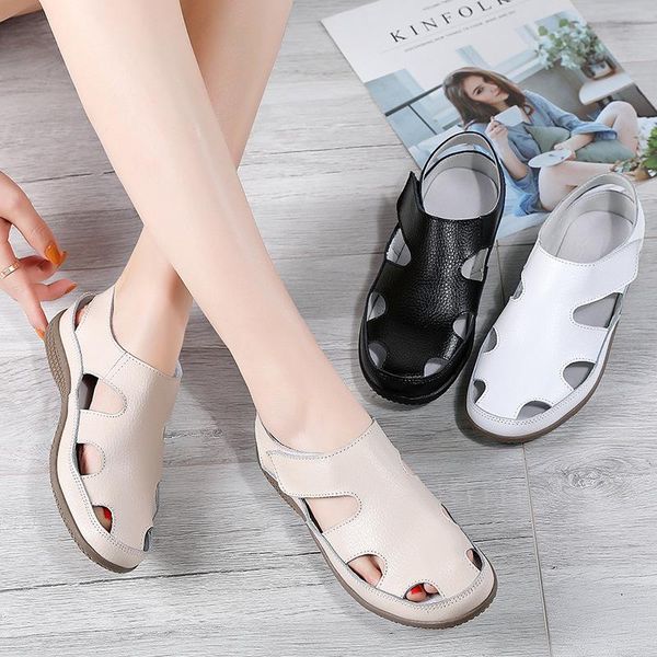 

women sandals comfortable round toe ankle hollow ladies black white flat soft sole beach shoes woman footwear