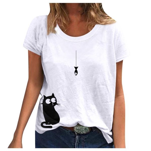 

women's t-shirt men's and fashion cat printed cute loose-fitting casual o-neck short sleeve ropa de mujer 2021 playeras, White