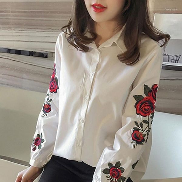 

women's blouses & shirts floral embroidered blouse shirt women slim white long sleeve woman office plus size