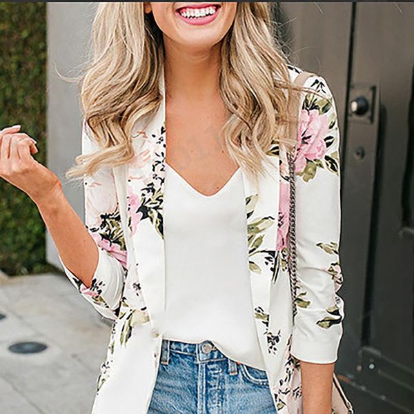 

women's suits & blazers floral print jacket slim blazer casual notched collar long sleeve female coat autumn retro women outerwear, White;black