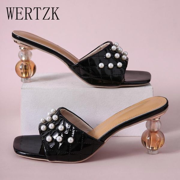 

dress shoes ladies party slides fashion plaid pearl pu leather sandals slippers outdoor wild high heels weave women, Black