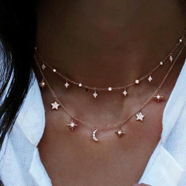 

chains 2021 retro ladies multi-layer star moon tassel pendant necklace female golden five-pointed jewelry, Silver