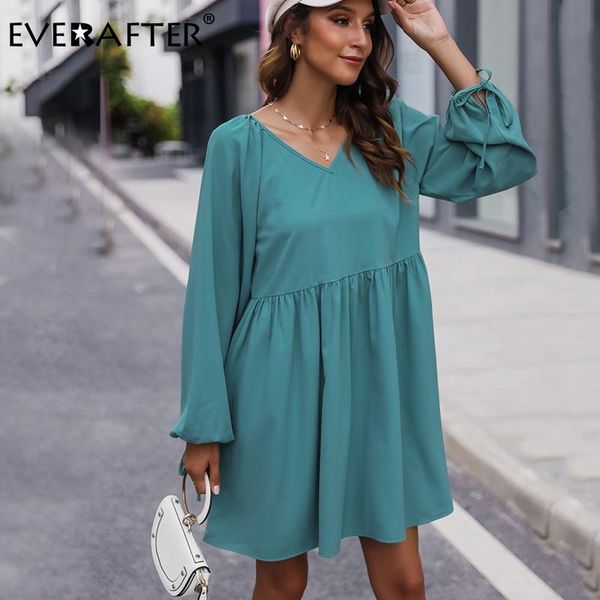 

casual dresses everafter solid long sleeve dress women v-neck loose ruffles mini autumn lace up streetwear holiday ladies, Black;gray