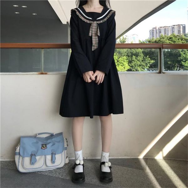 

dress girl preppy style loose long bow sweet sailor gown women's dress, Black;gray