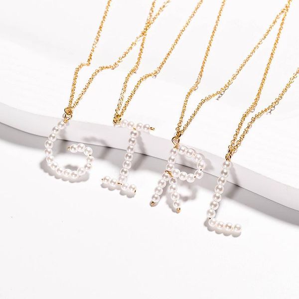 

chains 26 letter imitation pearls necklace bohemia name initial white pearl pendant chain statement for women wedding, Silver
