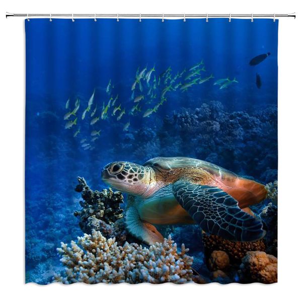 

sea turtle shower curtain deep blue ocean underwater world coral reef fish nature landscape,70x70 inch polyester fabric bathroom