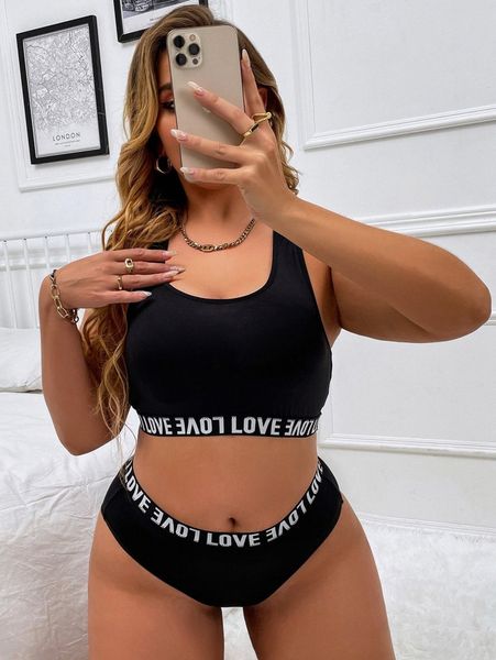 

plus letter tape lingerie set n1ha#, Black;white