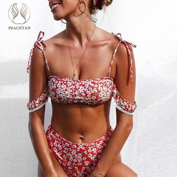 

women's swimwear peachtan red floral print bikinis 2021 mujer bandeau bathing suit push up swimsuit female women two-piece suits, White;black
