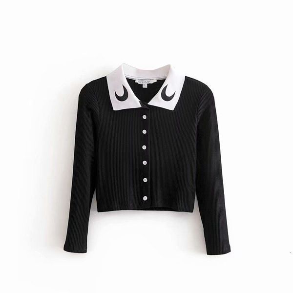 

t shirt 2021 fashion lapel long sleeve single breasted embroidery slim fit short, White