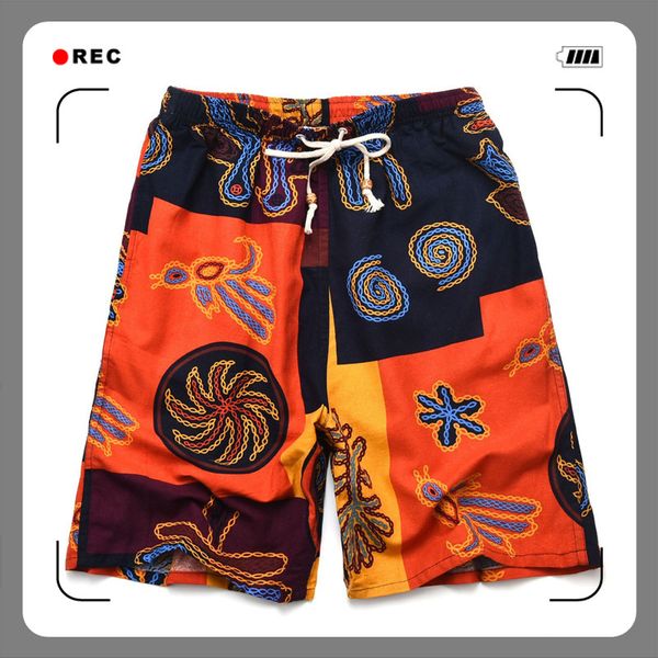 

2021 soccer shorts summer style cotton and linen printed big pants beach men's loose hamsik ddd555, Black;red