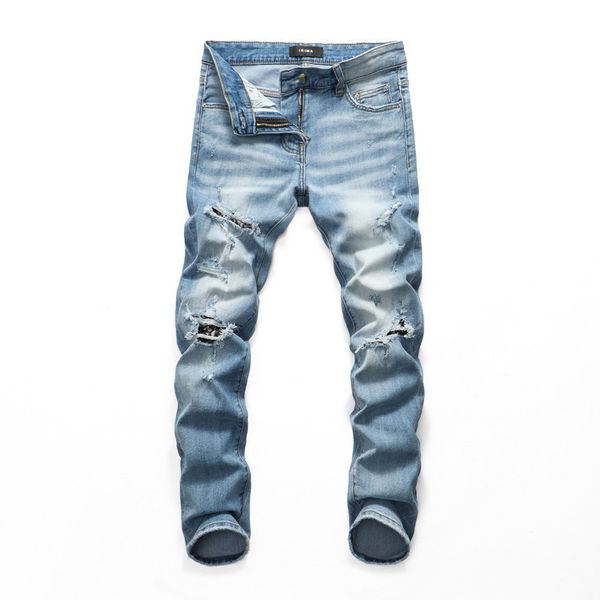 

men's wear korean high street fashion men's blue hole patch cashew flower am slim jeans pants 8288