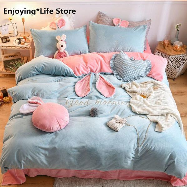 

bedding sets ears embroidery winter warm fleece flannel velvet cute girl set duvet cover bed linen fitted sheet pillowcases