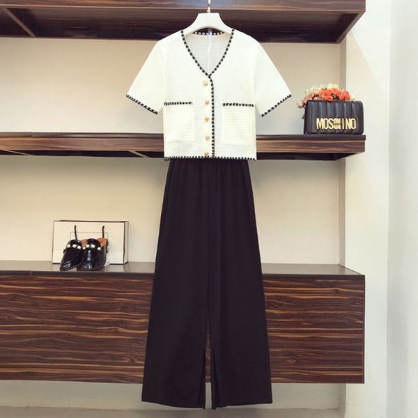 

summer autumn two piece set women knitted suit loose solid sweater +high waist wide legs pants track trousers 210529, White