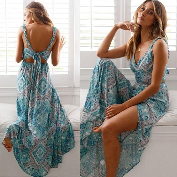 

summer women's fashion floral printed long dresses bohemian beach v-neck backless dress sling split mid-waist ladies casual, Black;gray