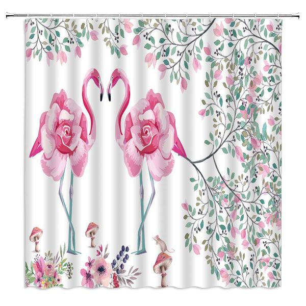 

flamingo shower curtain fall in love birds tree leaves decor romance nature scene,fabric bathroom set hooks included 70x70