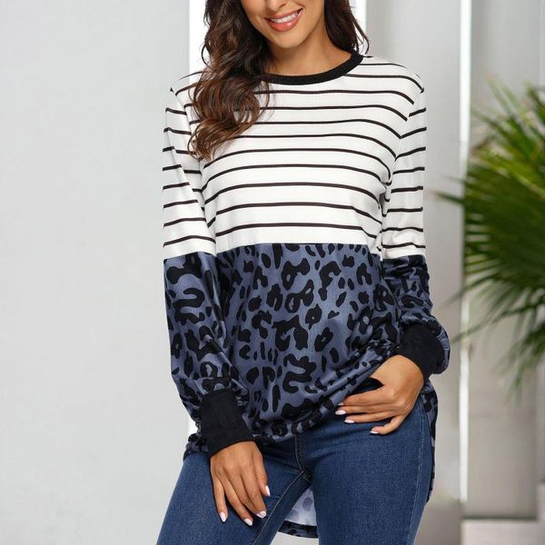

women's blouses & shirts stripe leopard print blouse women o-neck long sleeve tunic plus size casual harajuku clothing 40#, White