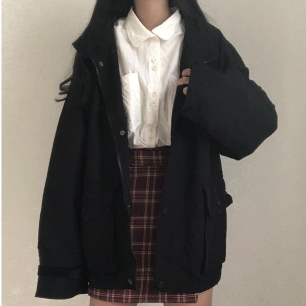 

women jackets chic all-match retro solid zipper design ulzzang lovely fashion korean version loose daily vintage female outwear women's, Black;brown