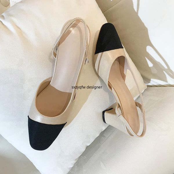 

sandals mixed colors black toe back strap slip on women high square heel slingback pumps ladies casual leather shoes classic