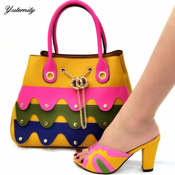 

dress shoes nigerian summer pu with rhinestone and handbag set italian fashion high heels shoe bag to match for party, Black