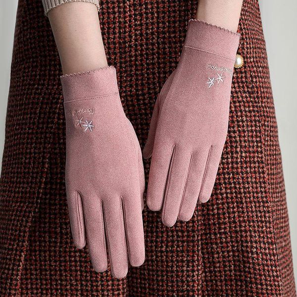 

five fingers gloves winter women touch screen plus velvet inside thin section simple style keep warm letter embroidery female, Blue;gray
