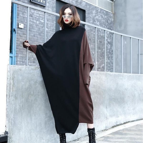 

casual dresses women's high collar dress spring and autumn fashion splice color bat sleeve long knit sweater skirt, Black;gray