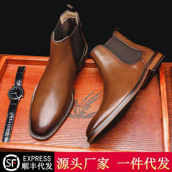 

winter business men's shoes high british leather chelsea boots men's short boots plush, Black