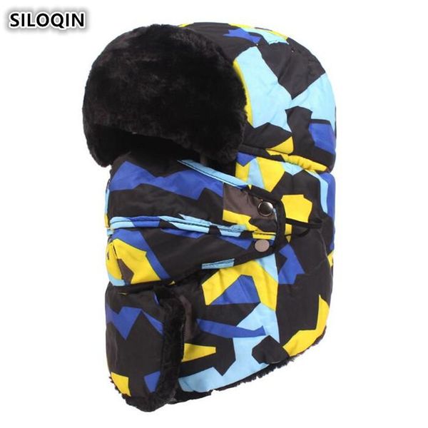 

berets siloqin men's winter warm hat camouflage bomber hats women's windproof ski cap couple brands caps for men women, Blue;gray