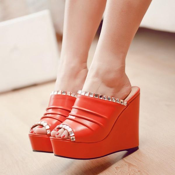 

slippers ymechic womens summer wedge high heels platform shoes peep toe ladies slides crystal rhinestone wedges heel plus size, Black