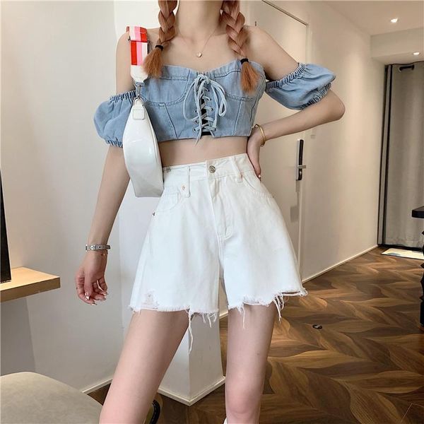 

women's jeans women white denim shorts summer fashionable thin high waist slim loose straight wide leg ripped pants, Blue