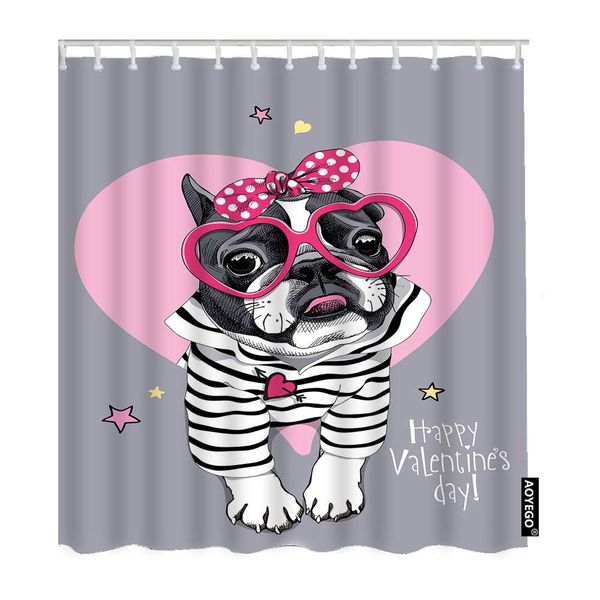 

dog bathroom shower curtain valentine's day french bulldog in striped cardigan with pink heart glasses polka dot curtains home