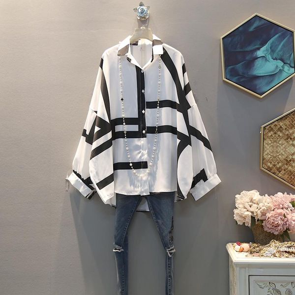 

women's blouses & shirts [ewq] 2021 spring autumn pattern lapel long sleeve single breasted striped print casual shirt women blouse fem, White